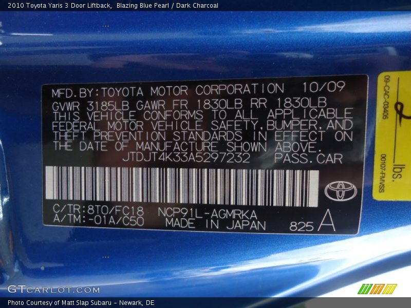 Blazing Blue Pearl / Dark Charcoal 2010 Toyota Yaris 3 Door Liftback