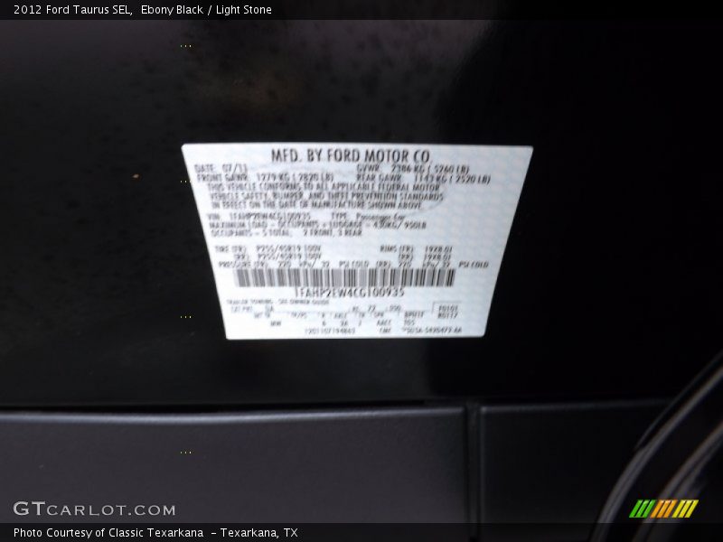 Ebony Black / Light Stone 2012 Ford Taurus SEL