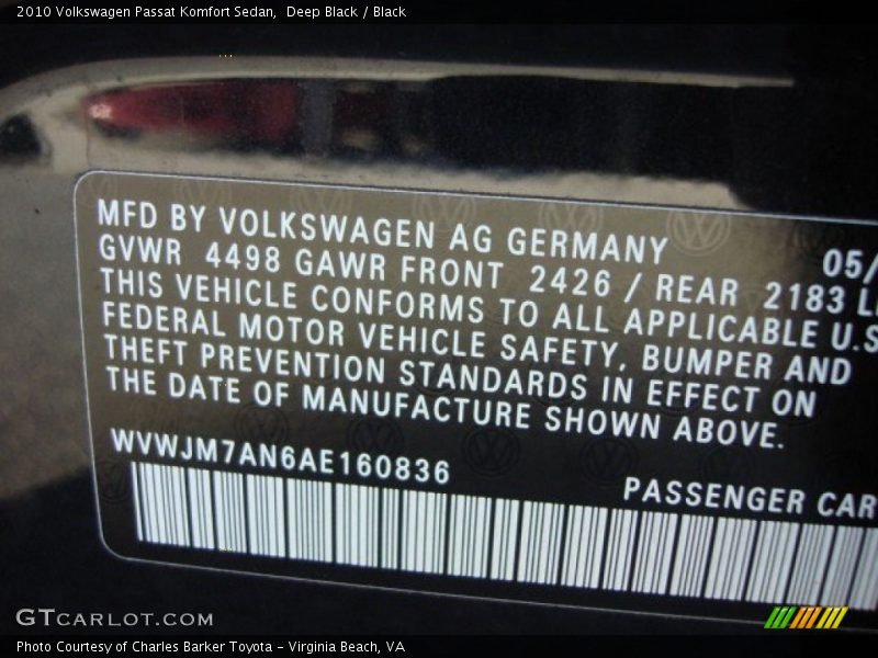 Deep Black / Black 2010 Volkswagen Passat Komfort Sedan