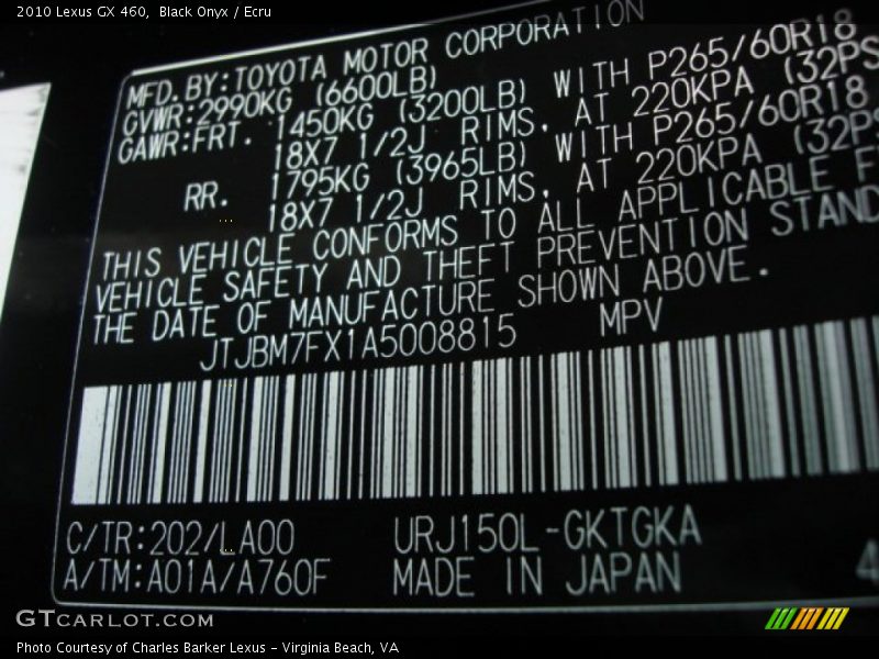 2010 GX 460 Black Onyx Color Code 202