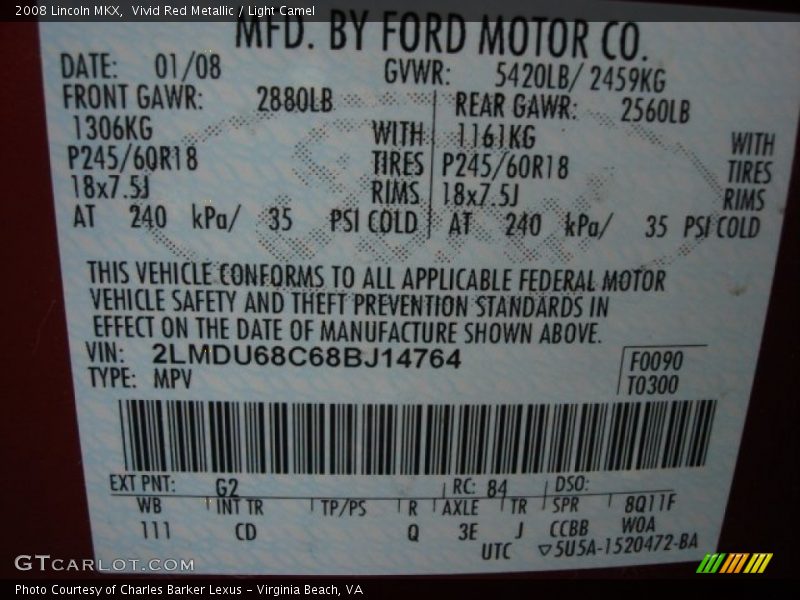 Vivid Red Metallic / Light Camel 2008 Lincoln MKX