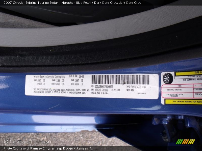 2007 Sebring Touring Sedan Marathon Blue Pearl Color Code PBD