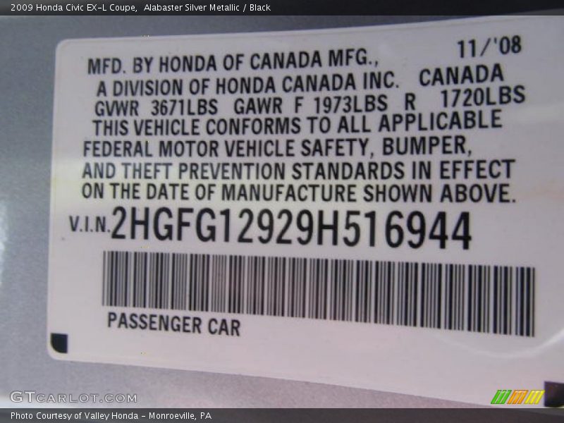 Alabaster Silver Metallic / Black 2009 Honda Civic EX-L Coupe