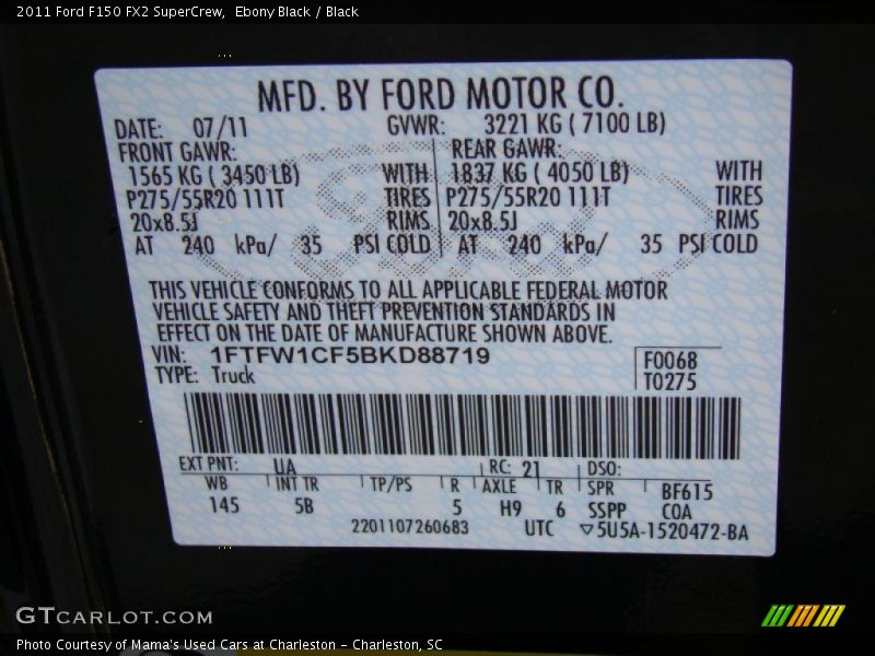 2011 F150 FX2 SuperCrew Ebony Black Color Code UA