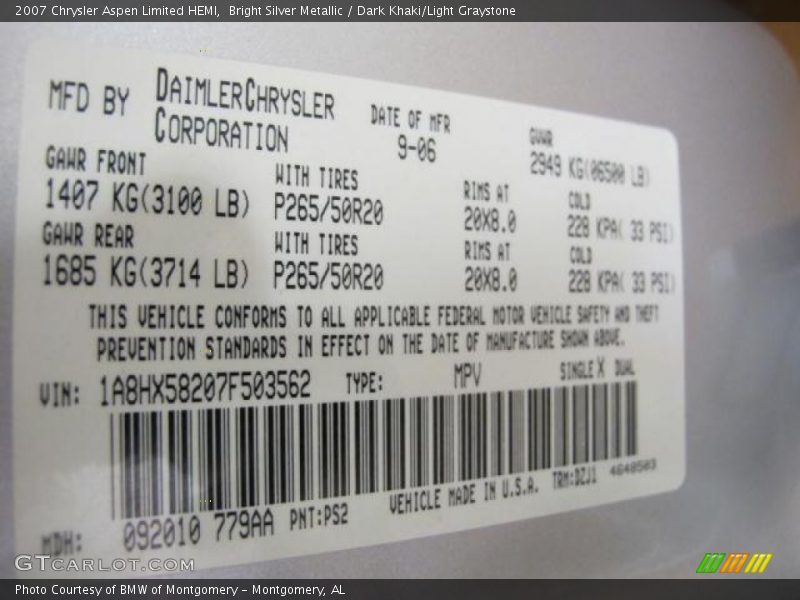 2007 Aspen Limited HEMI Bright Silver Metallic Color Code PS2