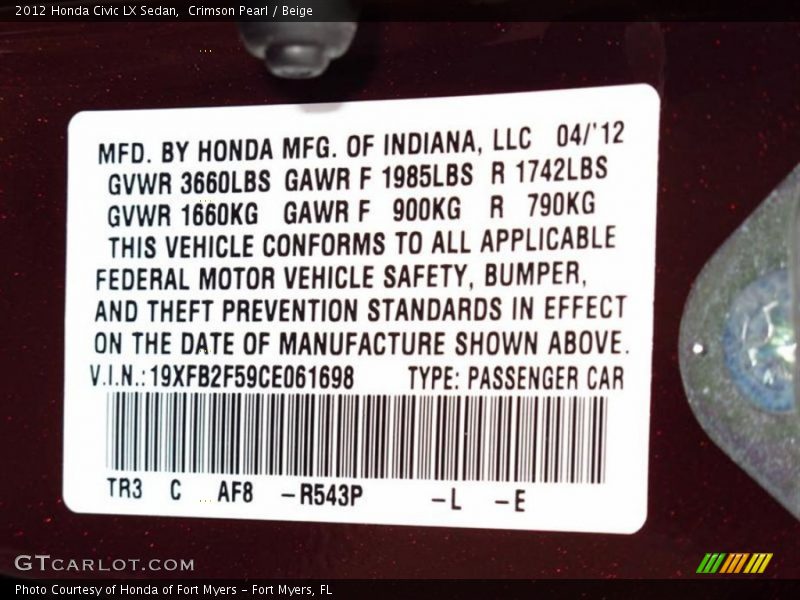 Crimson Pearl / Beige 2012 Honda Civic LX Sedan