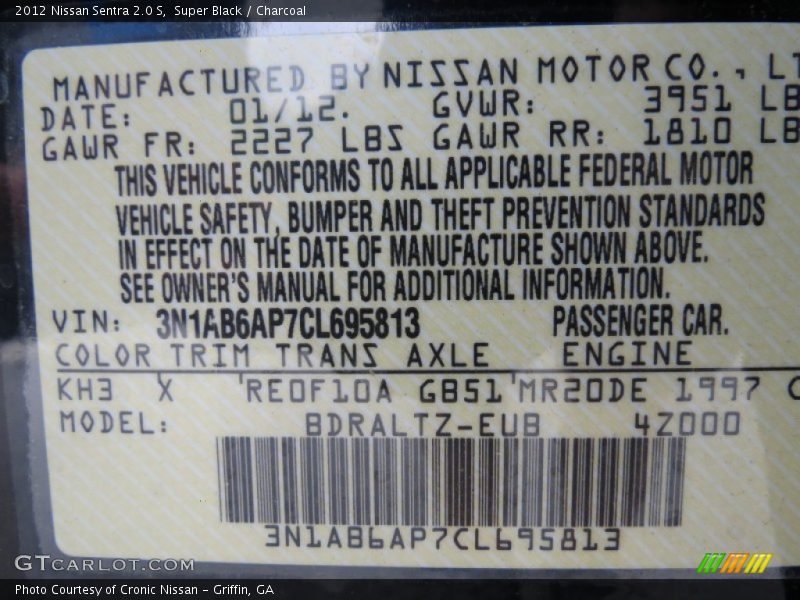 Super Black / Charcoal 2012 Nissan Sentra 2.0 S