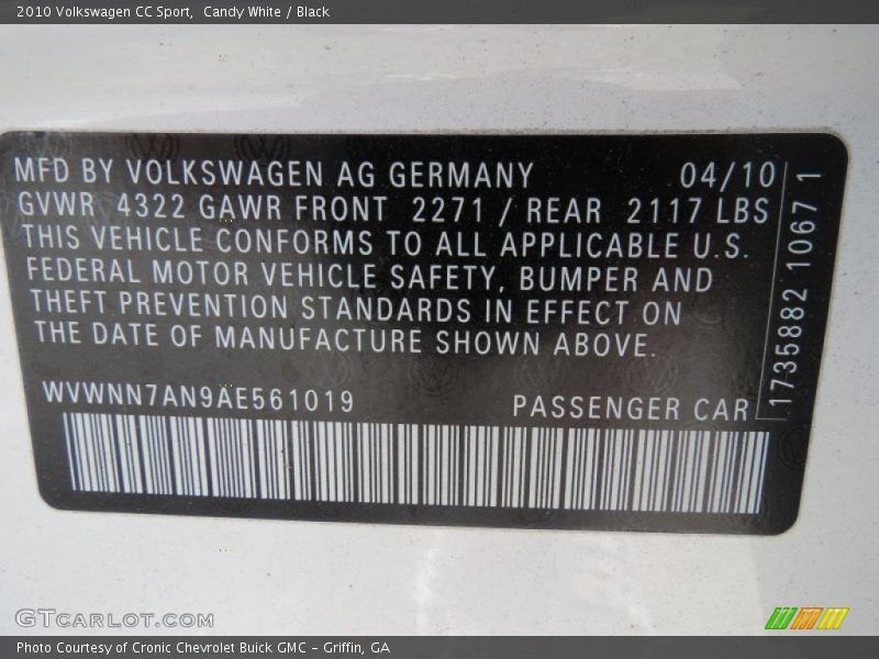 Candy White / Black 2010 Volkswagen CC Sport