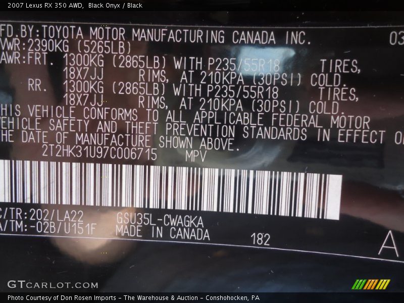 Black Onyx / Black 2007 Lexus RX 350 AWD
