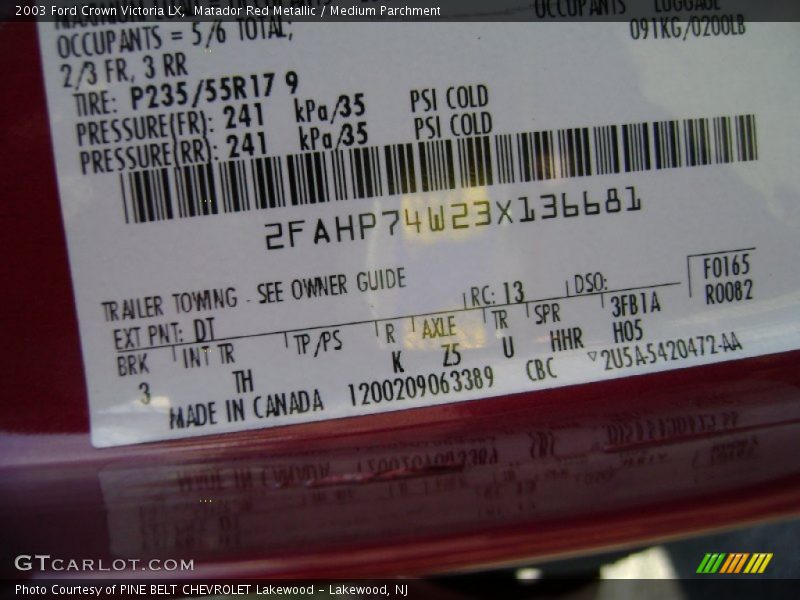 2003 Crown Victoria LX Matador Red Metallic Color Code DT