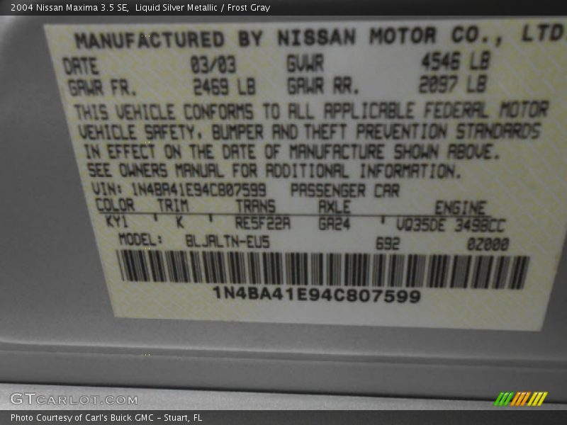 Liquid Silver Metallic / Frost Gray 2004 Nissan Maxima 3.5 SE