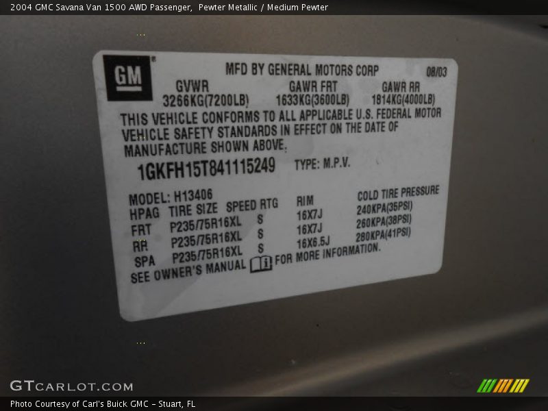 Pewter Metallic / Medium Pewter 2004 GMC Savana Van 1500 AWD Passenger