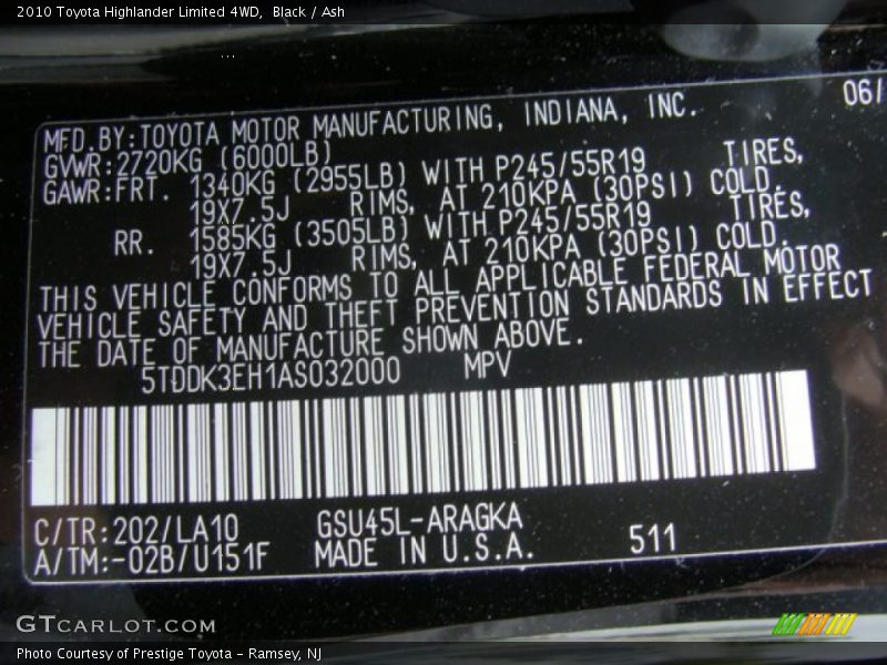 Black / Ash 2010 Toyota Highlander Limited 4WD