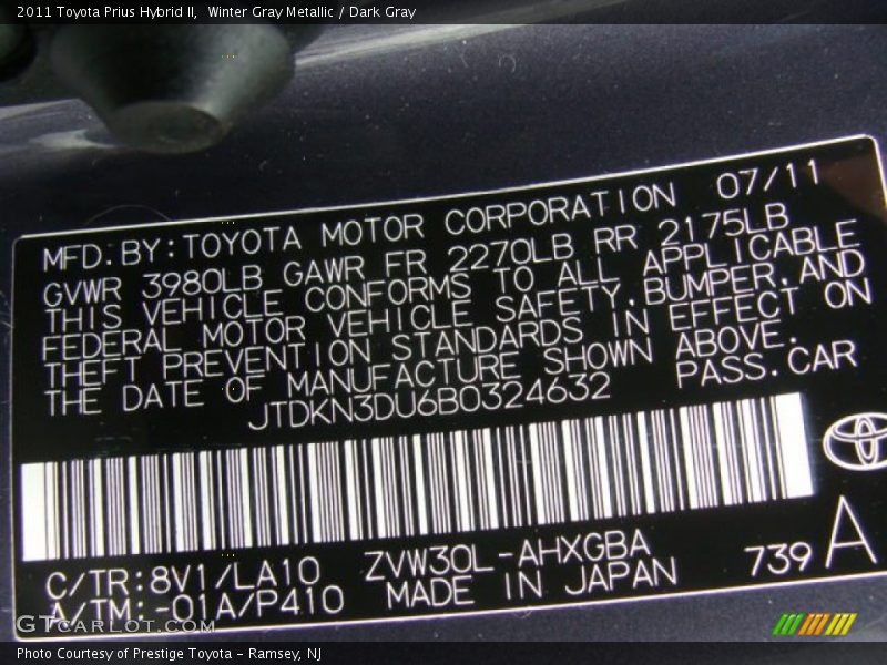 Winter Gray Metallic / Dark Gray 2011 Toyota Prius Hybrid II