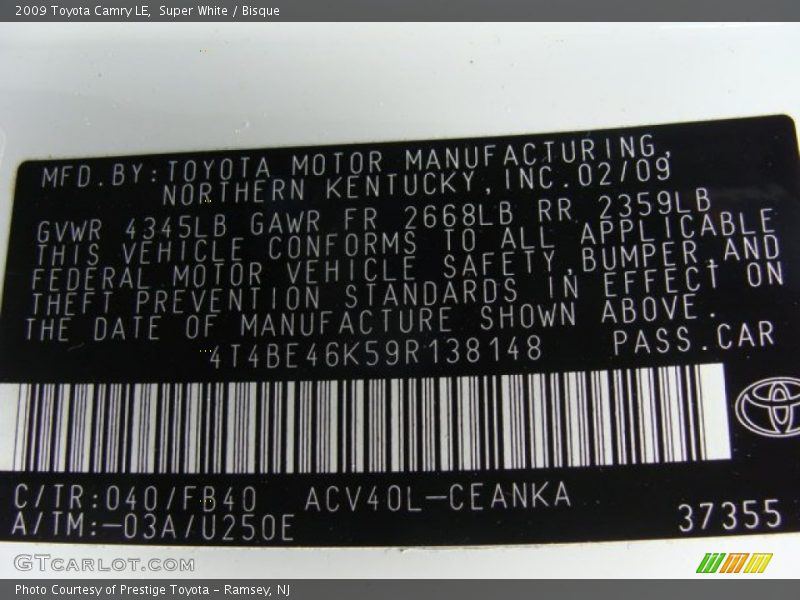 Super White / Bisque 2009 Toyota Camry LE
