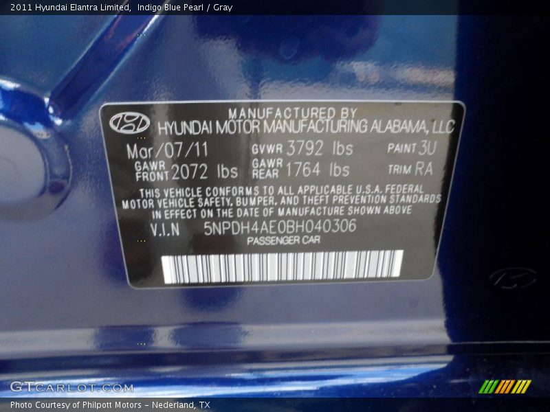 Indigo Blue Pearl / Gray 2011 Hyundai Elantra Limited