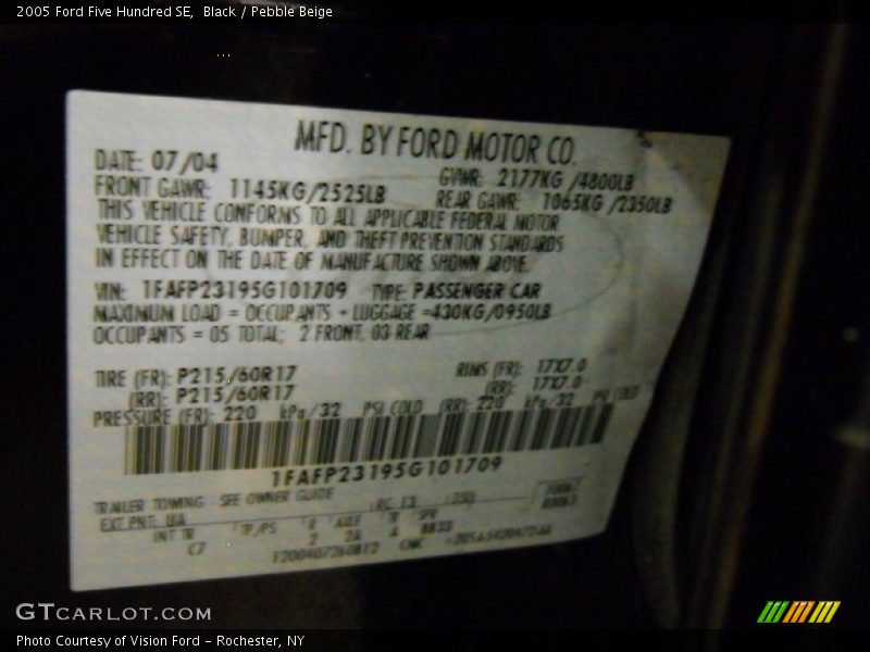 2005 Five Hundred SE Black Color Code UA