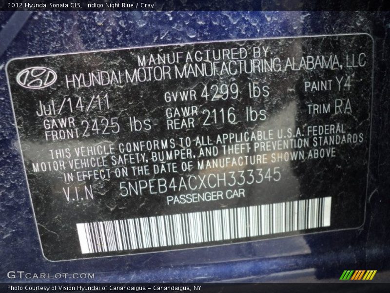 Indigo Night Blue / Gray 2012 Hyundai Sonata GLS
