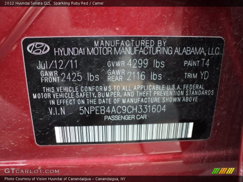 Sparkling Ruby Red / Camel 2012 Hyundai Sonata GLS
