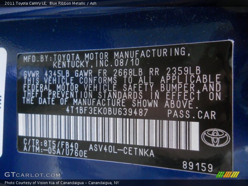 Blue Ribbon Metallic / Ash 2011 Toyota Camry LE