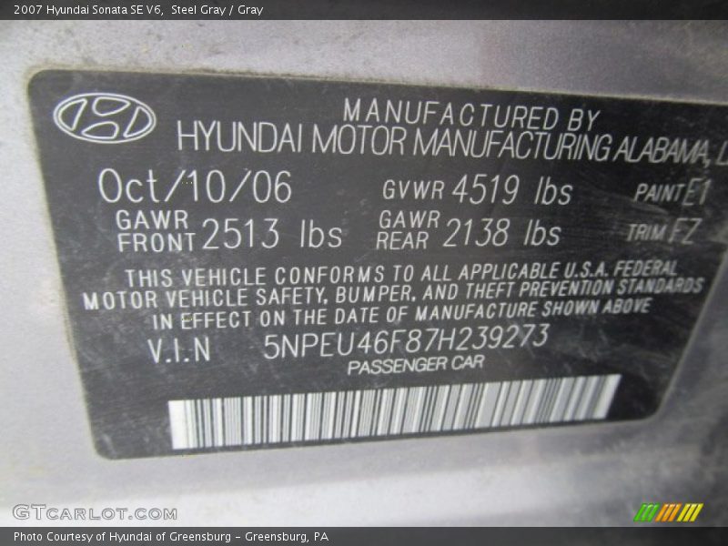 Steel Gray / Gray 2007 Hyundai Sonata SE V6