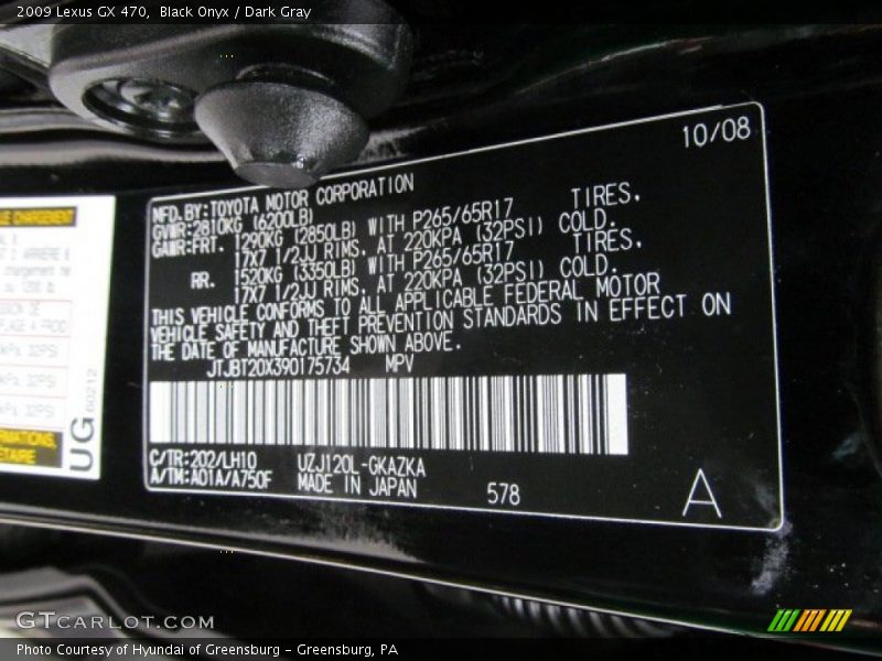 2009 GX 470 Black Onyx Color Code 202