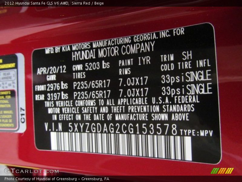 2012 Santa Fe GLS V6 AWD Sierra Red Color Code IYR