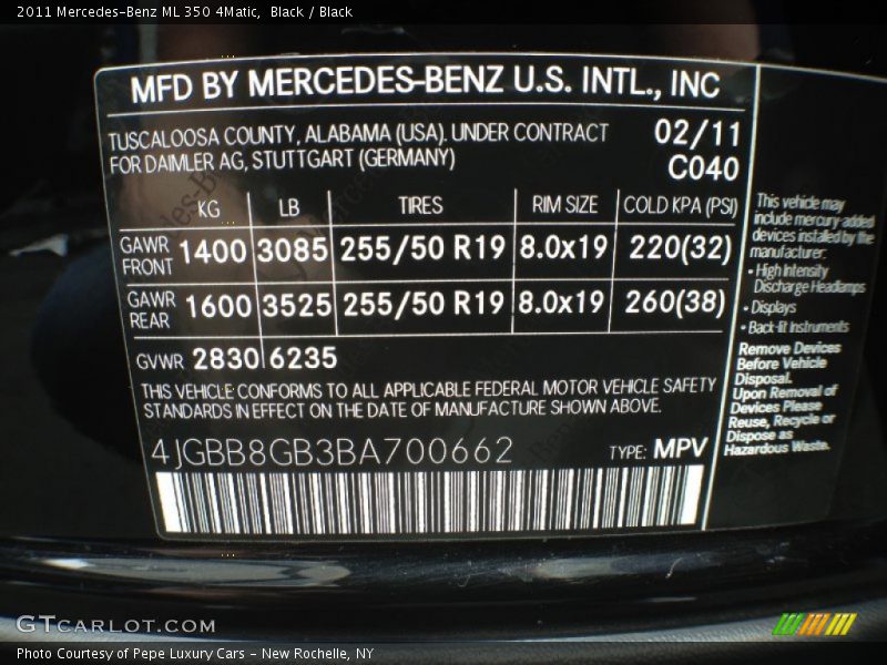 2011 ML 350 4Matic Black Color Code 040