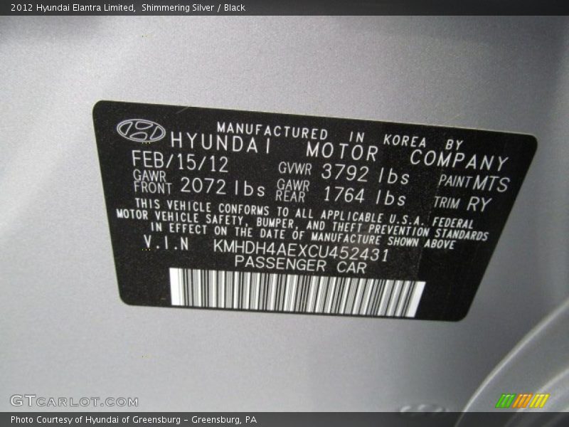 Shimmering Silver / Black 2012 Hyundai Elantra Limited