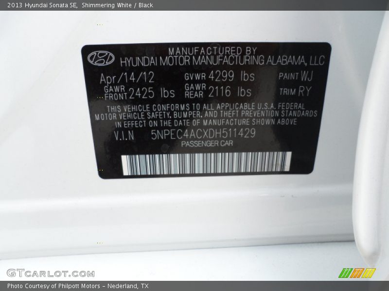 2013 Sonata SE Shimmering White Color Code WJ