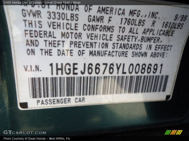 Clover Green Pearl / Beige 2000 Honda Civic LX Sedan