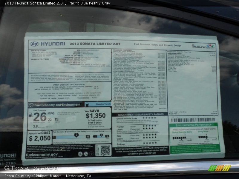  2013 Sonata Limited 2.0T Window Sticker