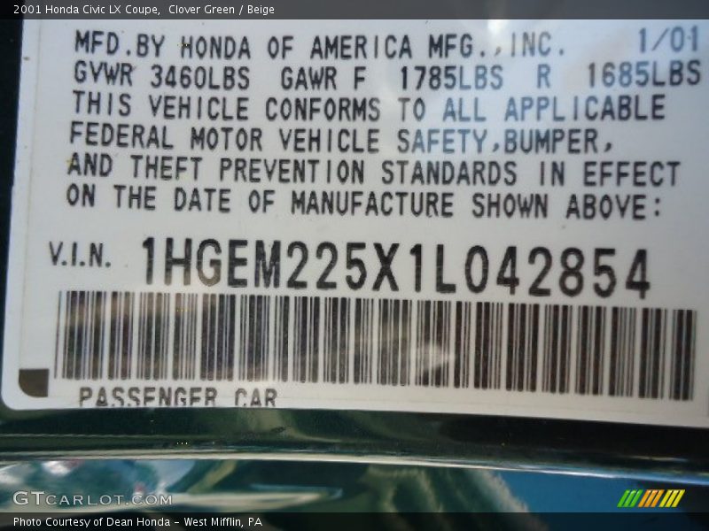 Clover Green / Beige 2001 Honda Civic LX Coupe