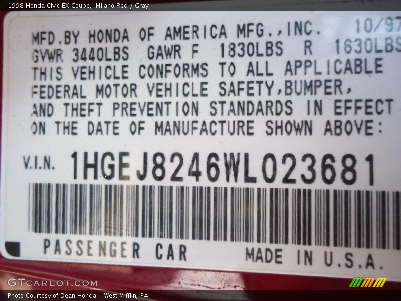 Milano Red / Gray 1998 Honda Civic EX Coupe