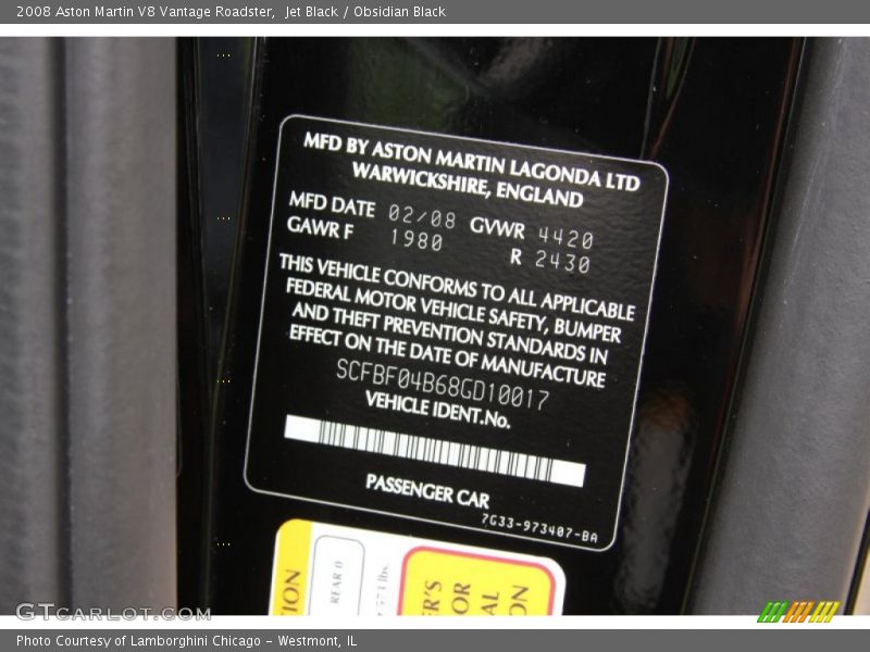 Info Tag of 2008 V8 Vantage Roadster