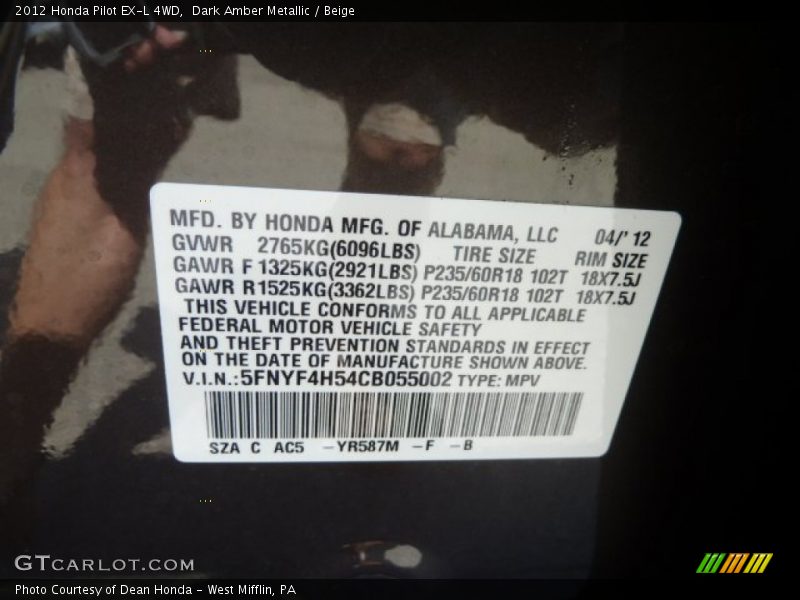 Dark Amber Metallic / Beige 2012 Honda Pilot EX-L 4WD
