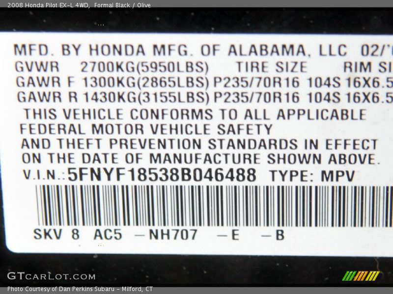 Formal Black / Olive 2008 Honda Pilot EX-L 4WD