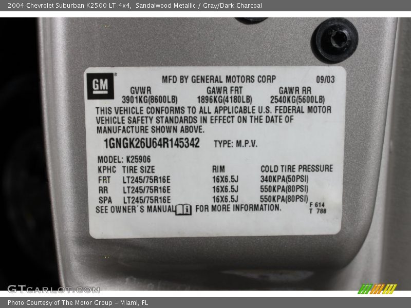 Info Tag of 2004 Suburban K2500 LT 4x4
