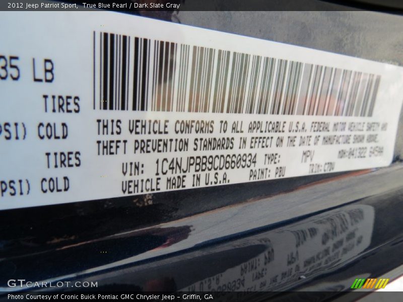 True Blue Pearl / Dark Slate Gray 2012 Jeep Patriot Sport