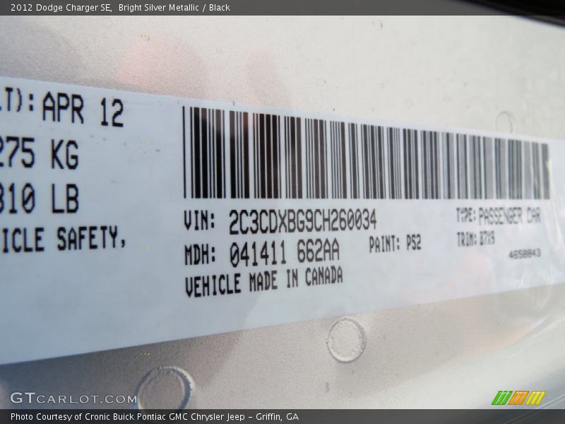 Bright Silver Metallic / Black 2012 Dodge Charger SE