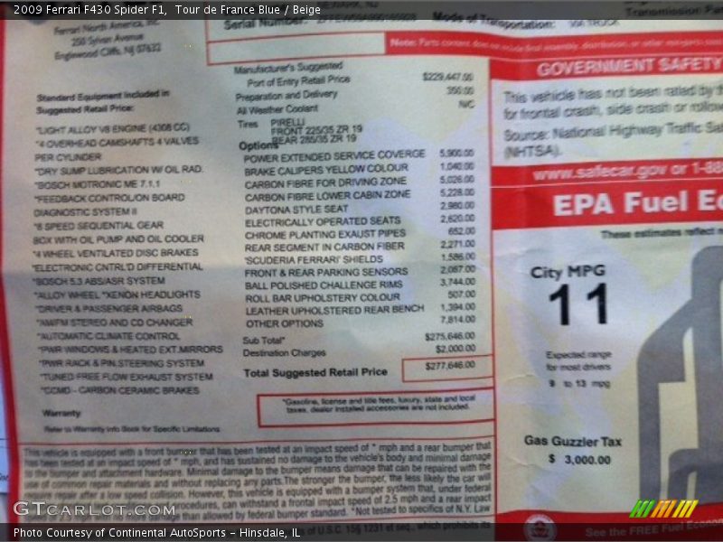  2009 F430 Spider F1 Window Sticker