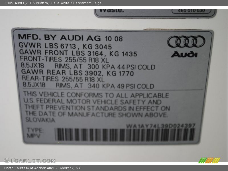 Calla White / Cardamom Beige 2009 Audi Q7 3.6 quattro