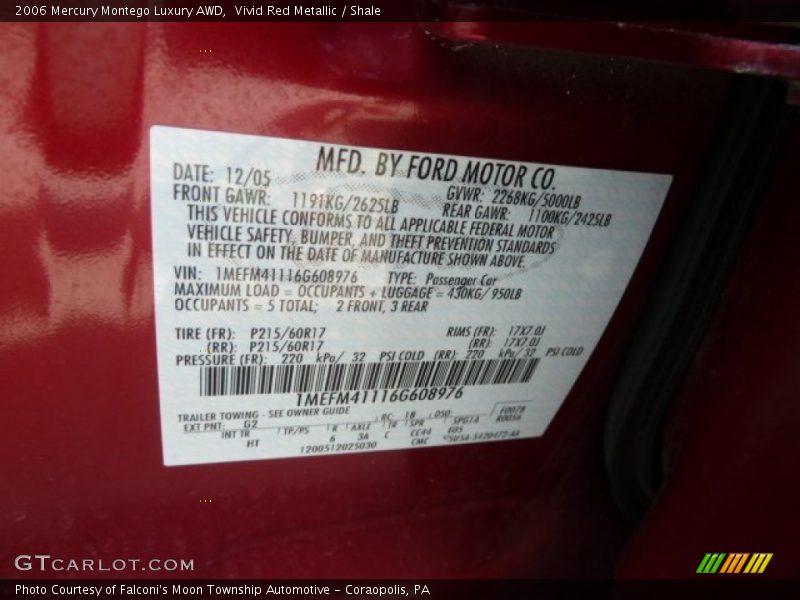2006 Montego Luxury AWD Vivid Red Metallic Color Code G2