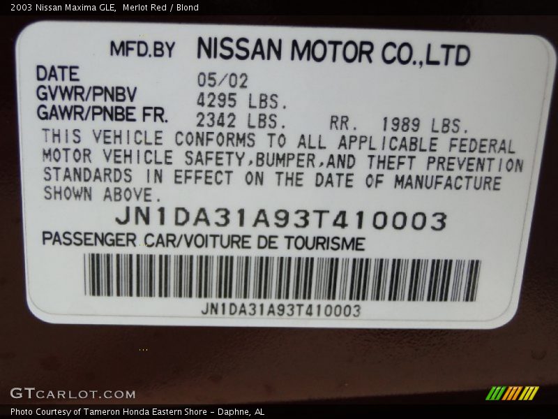 Merlot Red / Blond 2003 Nissan Maxima GLE