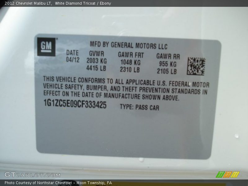 White Diamond Tricoat / Ebony 2012 Chevrolet Malibu LT