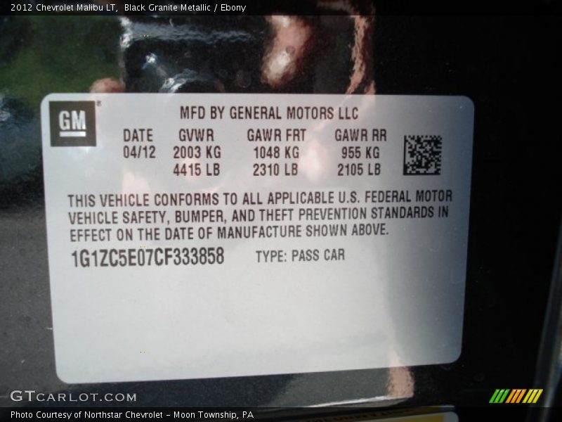 Black Granite Metallic / Ebony 2012 Chevrolet Malibu LT