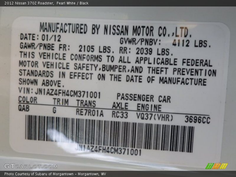 2012 370Z Roadster Pearl White Color Code QAB