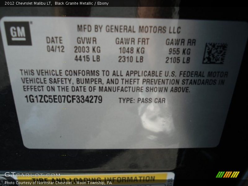 Black Granite Metallic / Ebony 2012 Chevrolet Malibu LT
