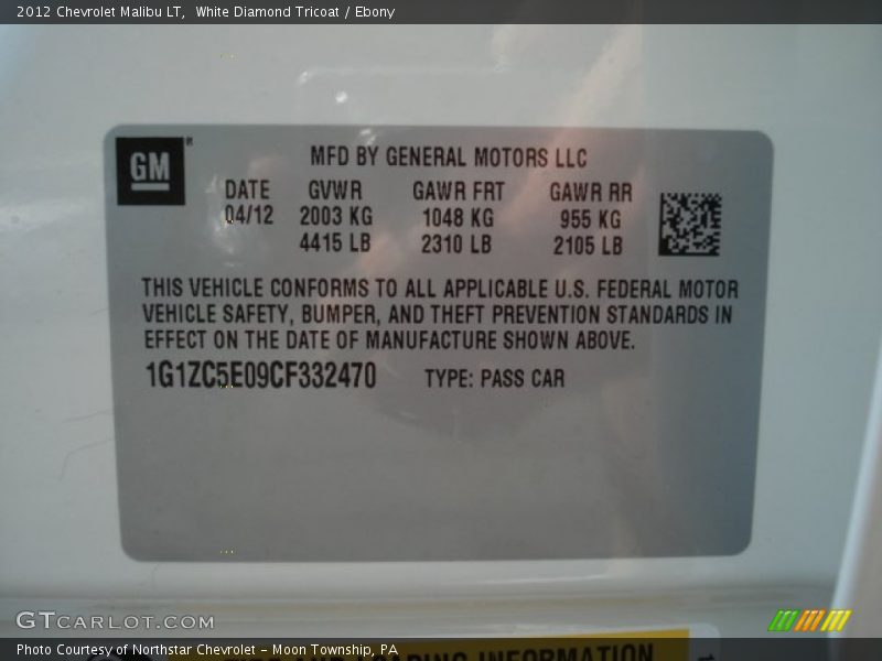 White Diamond Tricoat / Ebony 2012 Chevrolet Malibu LT