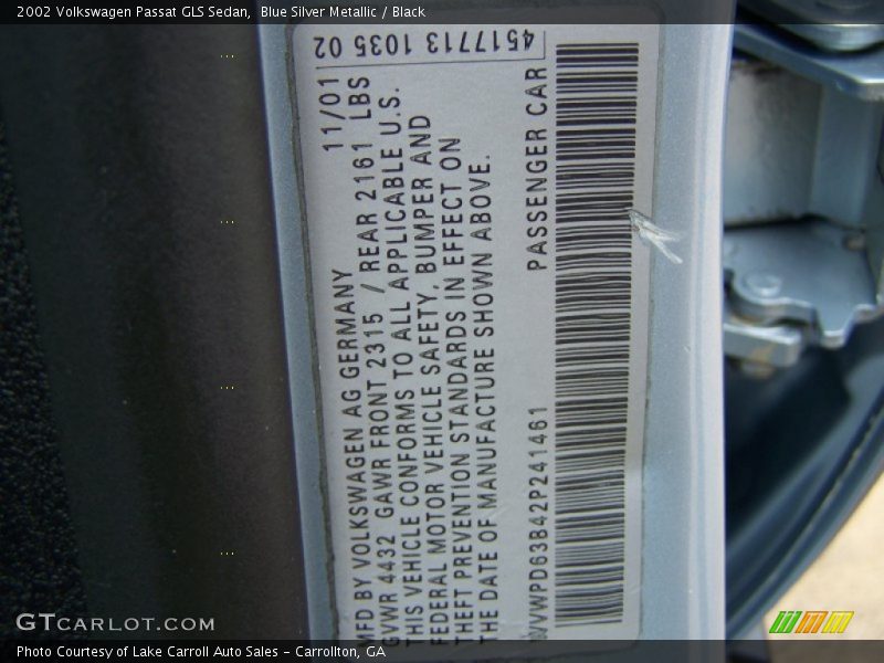 Blue Silver Metallic / Black 2002 Volkswagen Passat GLS Sedan